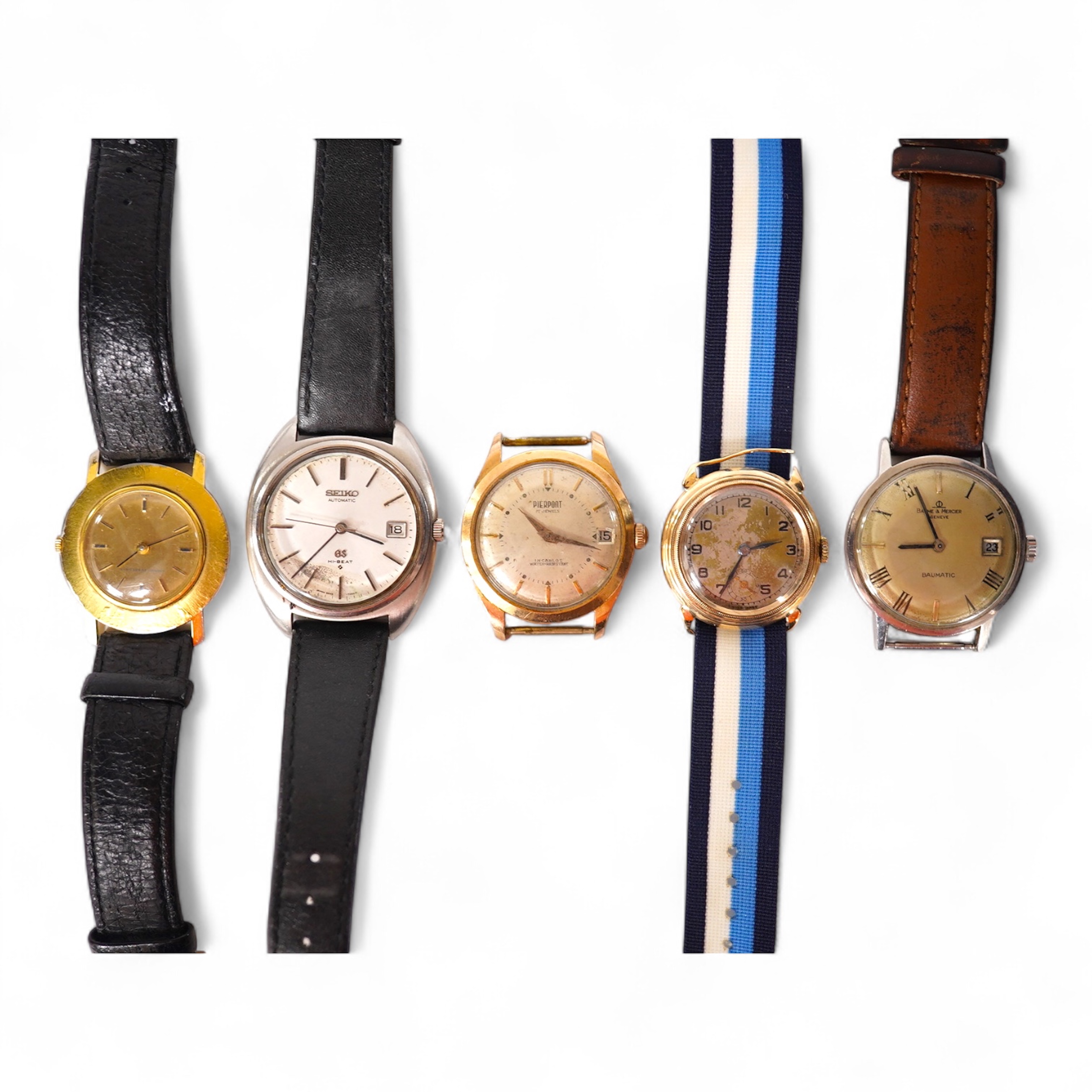 A gentleman's 1940's 9ct gold manual wind wrist watch(a.f.), together with four other wrist watches including Seiko, gold plated Girard Perregaux and Baume & Mercier Baumatic. Condition - poor to fair
